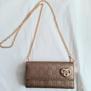 Gucci Heart GG Logo Leather Long Pink Wallet Crossbody * Pinker Color In Person*